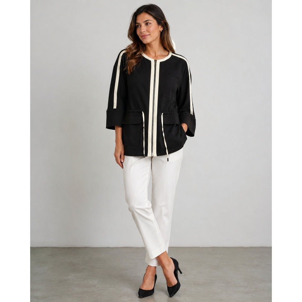 WynneLayers Womens 1X Black Cream Striped Zip Front Utility Jacket Drawstring